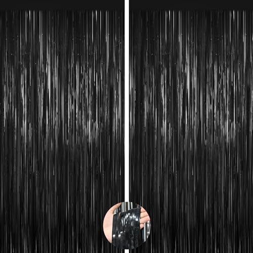 Image of Black Foil Curtain Backdrop,2Pack Black Metallic Tinsel Foil Fringe Curtains Photo Booth Props for Birthday Wedding Graduation Baby Shower Bachelorette Christmas Halloween Disco Party Door Decorations