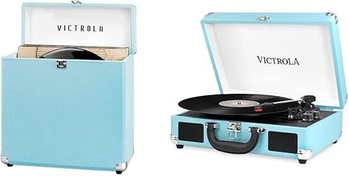 Miniatura 7 de Victrola VSC-550BT-RD Tocadiscos portátil de maleta, Bluetooth, vintage, 3 velocidades, altavoces integrados, rojo, 1SFA, estuche de transporte,