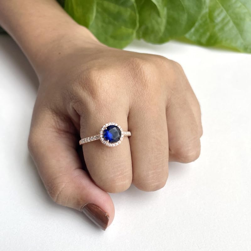 Round Cut Blue Sapphire And White Diamond Halo Engagement Ring, 14k Gold Finish Bridal Ring, Propose Ring, Sapphire & Diamond Ring