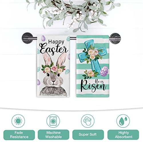 Seliem Happy Easter Bunny Rabbit Kitchen Dish Towel Set Of 2, He Is Risen Religious Cross Eggs Flowers Hand Towel Drying Baking Cooking Cloth, Green Stripes Spring Holiday Kitchen Decor 18X26 Inches #TOP5