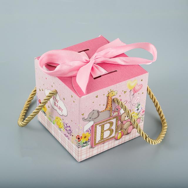Süße Cartoon-Tier-Süßigkeitsbox für Kindergeburtstag, Geschenktüte mit Handseil, Junge, Mädchen, neue Babyparty, Geschenkboxen, Partydekorationen, Pink B, 100 Stück, klein 8 x 8 x 8 cm