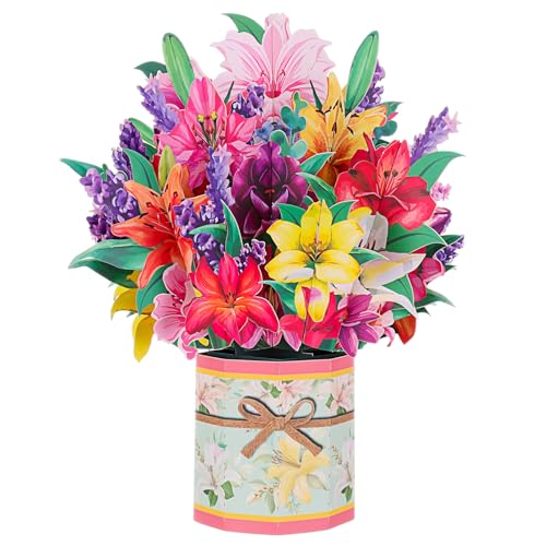 Invalidism Pop Up Card Greeting Cards for Mom 3D Paper Flower Bouquet Card Birthday Card with Blank Envelope for Birthday Valentines Day Mothers Day Anniversary (Lily Lavender)