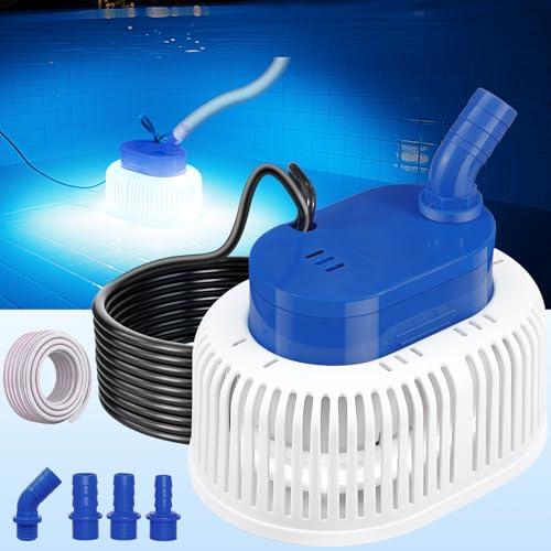 Pool Cover Pump with Lights, Above Ground Sump Pump Submersible, Sump Pumps for Pool Draining, Water Removal Pumps with 16ft Drainage Hose & 25 ft Extra Long Power Cord,850 GPH,4 Adapters-Navy Blue