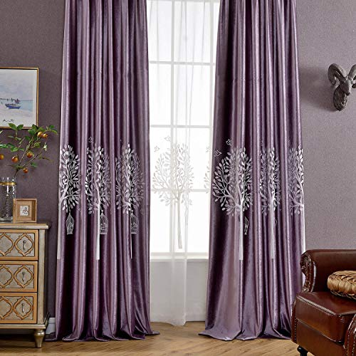 Get Cheap Price VOGOL Velvet Blackout Curtains 84 Inches Long, Room Darkening Grommet Curtain, White Trees Embroidered Drapes for Bedroom, Living Room, 2 Panels, W52 x L84