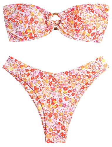Image of ZAFUL Women's Bandeau Bikini O Ring Strapless Tie Back High Cut Two Piece Swimsuit Bathing Suits