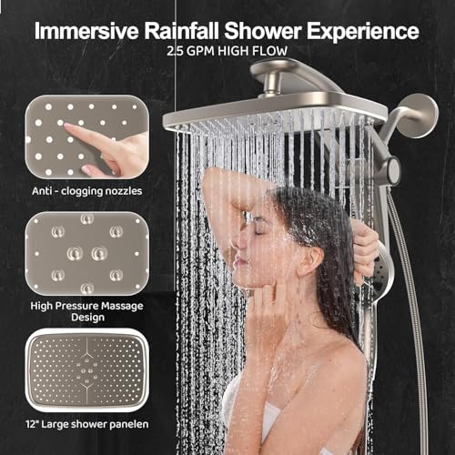Image of 12-Inch High Pressure Rain Shower Head with Handheld Spray Combo, Magnetic | Dual shower heads; one-piece bracket adjusts height and angle; 9 settings: 8 sprays + 1 Power Jet for cleaning; easy install