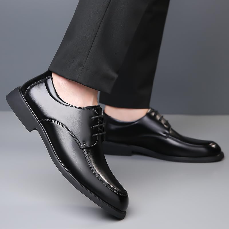 Dress Shoes for Men Lace Up Round Toe Vegan Leather Apron Toe Derby Shoes Block Heel Slip Resistant Low Top Prom