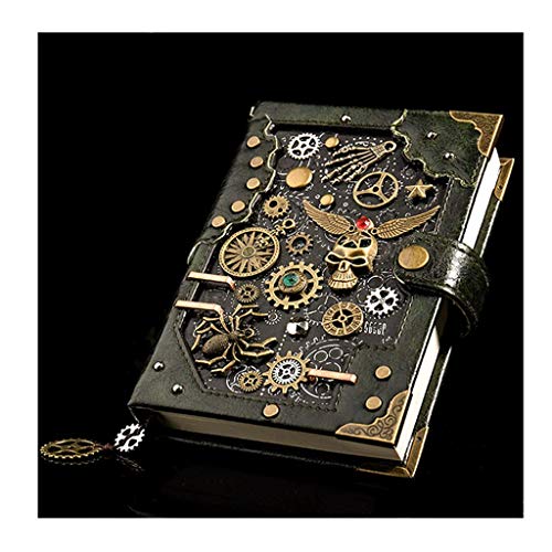 Linjolly ノートブックハードカバーノートブックギフトボックス、ジャーナル 空白の日記 メモ帳 スケッチブック 旅行に書き込む、裏地なし紙、レトロペンダント、スチームパンクスタイルジャーナル(色:ダークグリーン)
