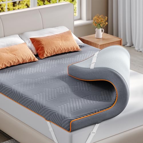 EnHomee Memory Foam Mattress Topper,3 Inch Queen Mattress Topper Pressure Relief with Cooling Gel and Removable & Washable Embossed Cover, CertiPUR-US & Oeko-TEX Certified, Grey, Queen