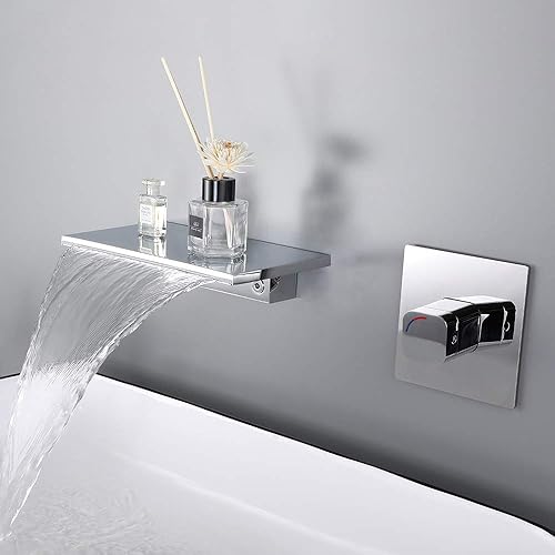 Grifo de lavabo de baño de cascada montado en la pared de una sola manija moderna en cromo