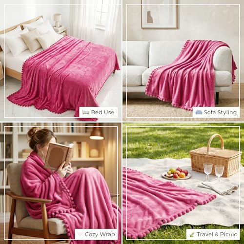 Image of VAS COLLECTIONS Premium Plush Fleece Blanket 250 GSM | Ultra Soft Lightweight Cozy Throw with Pom-Pom Trim | Multipurpose for Bed, Sofa, Couch, Travel & Camping | 228x228 cm (90x90 Inches), Pink