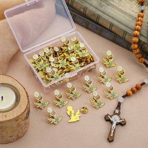 Image of Hoteam 50 Pcs First Communion Enamel Lapel Pins Bulk Chalice with Grapes and Wheat Gold Plated Religious Pins Gifts for First Holy Communion Catholic Baptism Christian Memorial Favors