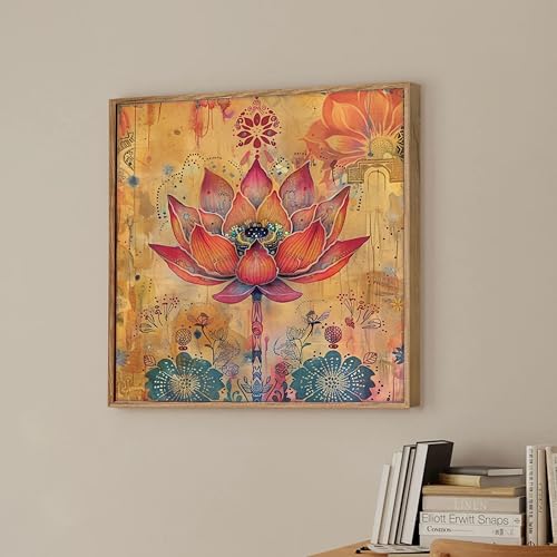 Image of Floral Vastu Lotus Framed Canvas Wall Art Painting for Living Room | Bohemian Botanical Artwork Painting with Frame | Modern Decorative Wall Decor for Home, Bedroom & Office, 23x23 Inch