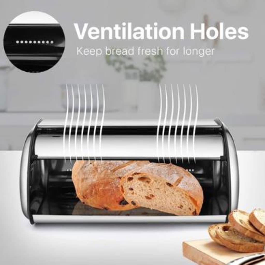 LIOONS Panera de Acero Inoxidable, panera con Tapa Enrollable para encimera de Cocina, Cubo de Almacenamiento de Pan con Tapa de Gran Capacidad
