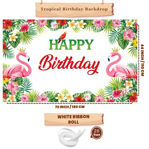 Flamingo Birthday Backdrop, Tropical Floral Flamingo Birthday Banner for Flamingo Party Decorations, Luau Bday Backdrop for Hawaiian Party Decorations, 71x43 inch (White) - image 2