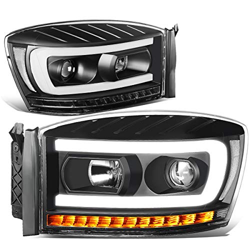 DNA Motoring HL-HPL-RM06-G-BK-CL1 Black LED DRL Sequential Chasing Signal Projector Headlights Compatible with 06-09 Ram
