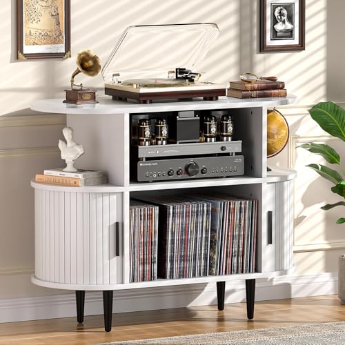 UODERS Large Record Player Stand with Storage and Shelves White