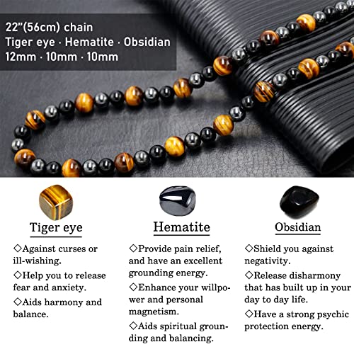 Healing Crystal Black Obsidian Tiger Eye and Hematite Beads Necklace Triple Protection Necklace for Men Women4