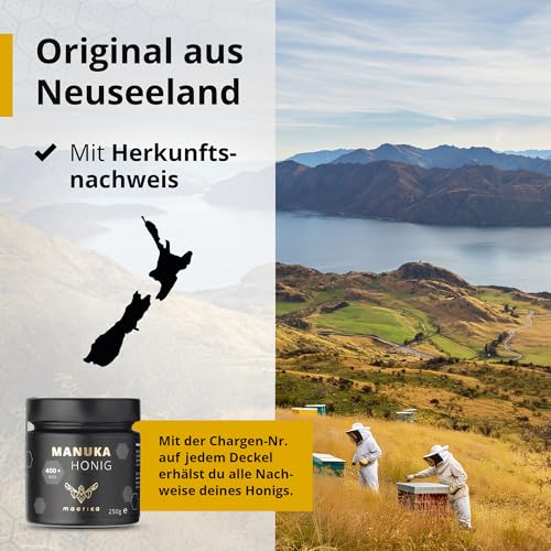 maorika - Manuka Honig 400 MGO + 250g im Glas (lichtundurchlässig, kein Plastik) - laborgeprüft, zertifiziert aus Neuseeland