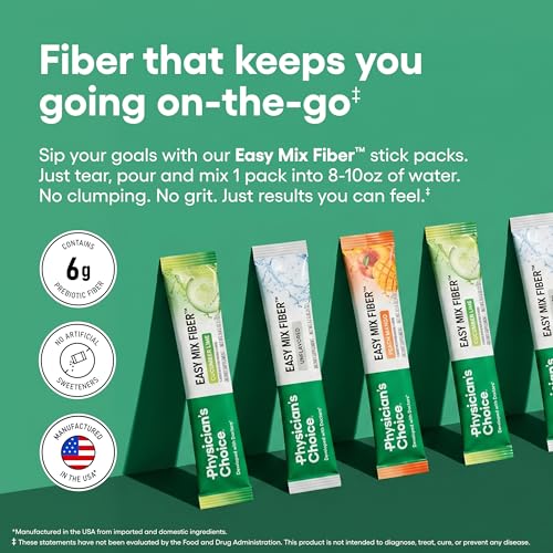 Image of Physician's CHOICE Easy Mix Fiber Stick Packs - GLP-1 Friendly, No Grit, Daily Prebiotic Fiber Powder for Digestive Health & Regularity - On the Go Travel Variety Pack for Women & Men - 18 Count