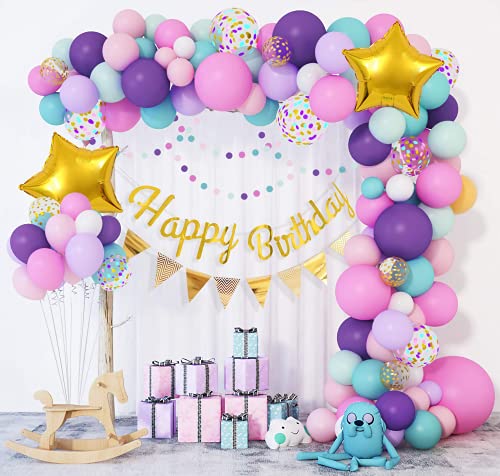 103 Pièce Licorne Ballon Guirlande Happy Birthday Bannière Fille Enfants Fête Anniversaire Decoration Kit Rose Violet Latex Cofettis Ballons Baudruche Arche Feuille Etoile Femme Bébé Party Fourniture