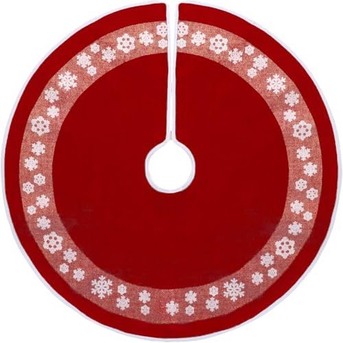 HOHOTIME Christmas Tree Skirt, 30 in Red Burlap Tree Skirt with Snowflakes and Gold Glitter Circles, Home Decor for Christmas Tree, Indoor Christmas Holiday Decorations