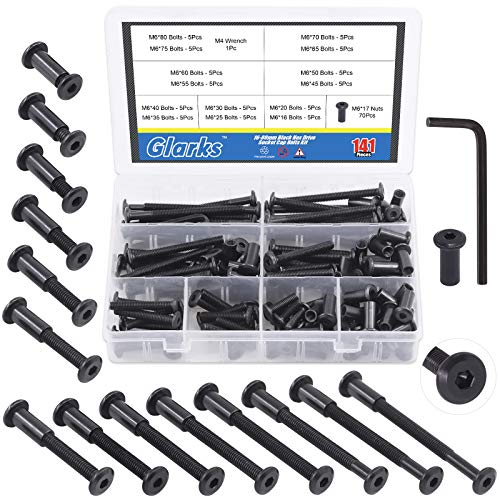 Glarks 141Pcs M6x16/ 20/25/ 30/35/ 40/45/ 50/55/ 60/65/ 70/75/ 80mm Black Hex Drive Socket Cap Bolts Kit, Countsunk Furniture Crib Bolts Nuts Screws for Chair Table Cabinets