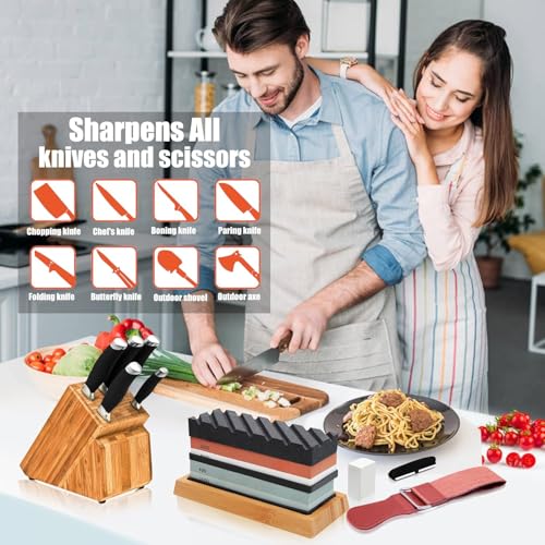 Image of Knife Sharpening Stone Set, Professional Whetstone 4 Side Grit 400 /1000 3000 /8000, Whetstone Knife Sharpener Stone Set Include Non-Slip Base, Leather Strop, Flattening Stone & Angle Guide
