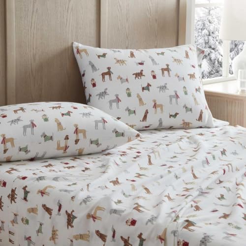 Image of Martha Stewart - Flannel Sheets Full Size, Anti-Pilling & Wrinkle Resistant Cotton, Touchably Soft for All-Season Comfort - Bed Sheets with Matching Pillowcases & Fitted Sheet (Holiday Pups Brown)