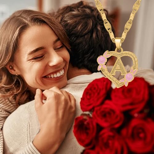 18k Plate Gold Initial Heart Necklace For Women Heart Flower Letter Pendant For Girl Alphabet Name Jewelry Gift For Women Her3