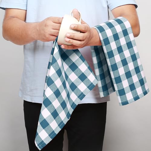 Image of Gingham Check Kitchen Towels, 4 Pack, 16x26 Inches, 100% Cotton - Highly Absorbent, Fast Drying, Dish Towels for Drying Dishes, Hand Cleaning Towels with Hanging Loop, Teal and White