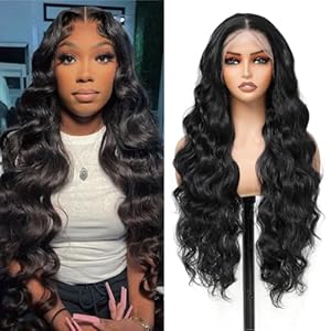 13×6 Lace Frontal Wig Long Body Wave Wigs Pre-Plucked Hairline with Baby Hair Transparent Swiss Lace Heat Resistant Synthetic Hair Glueless Lace Front Wavy Wigs for Women 32 Inch (#Black)