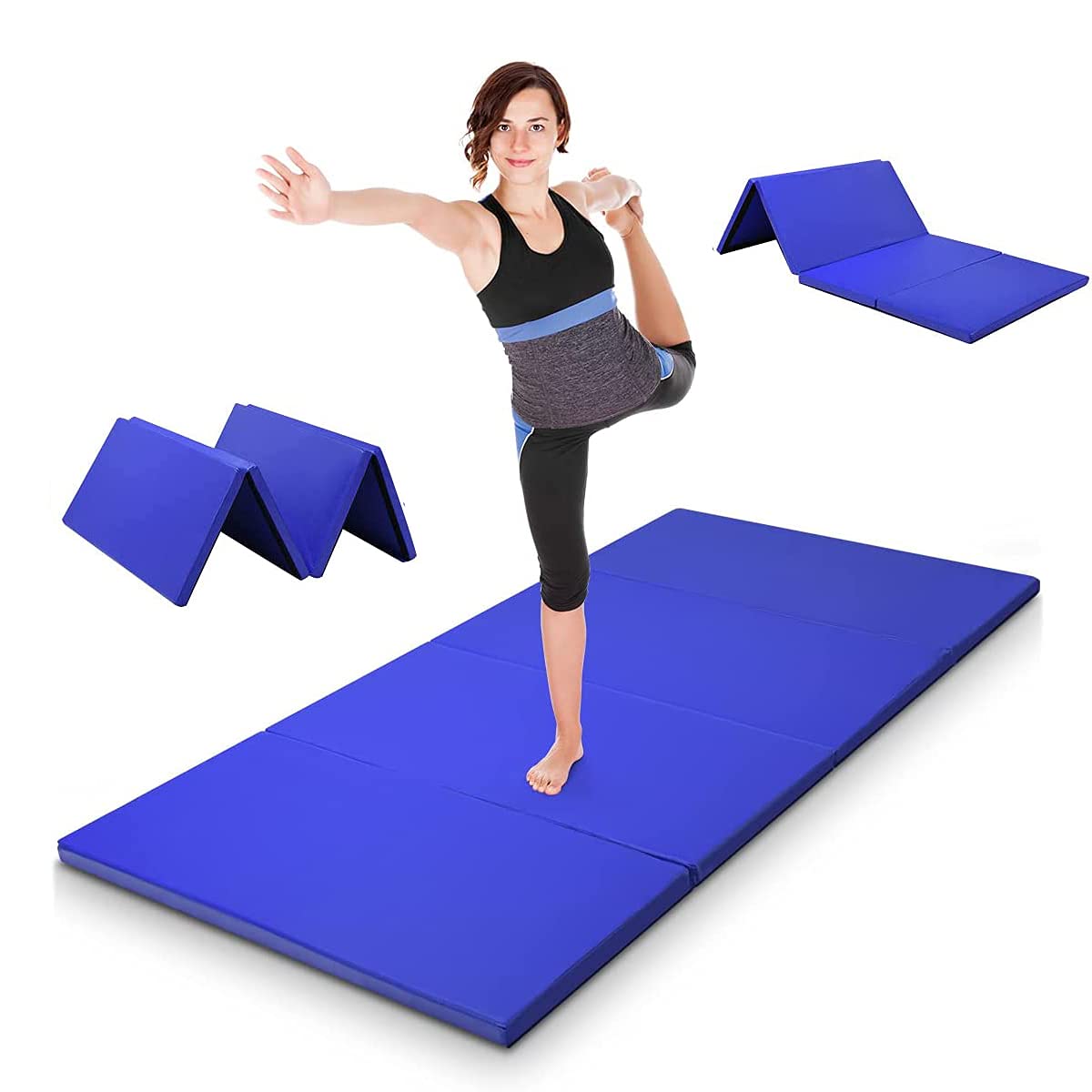 RELAX4LIFE Klappbare Weichbodenmatte, Turnmatte tragbar, Klappmatte mit 4 Teilmatten, rutschfeste Sportmatte, Gymnastikmatte aus PU und EPE-Schaum, Sportmatte für Heimgymnastik, Blau 240 x 116 x 5 cm