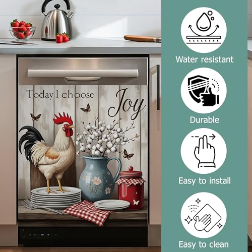 Image of Funny Rooster Refrigerator Magnet Cover,Rustic Farmhouse Flower Washable Dishwasher Magnets Decorative Cover,Home Kitchen Decorative Dishwasher Front Panel Cover 23x26 Inch