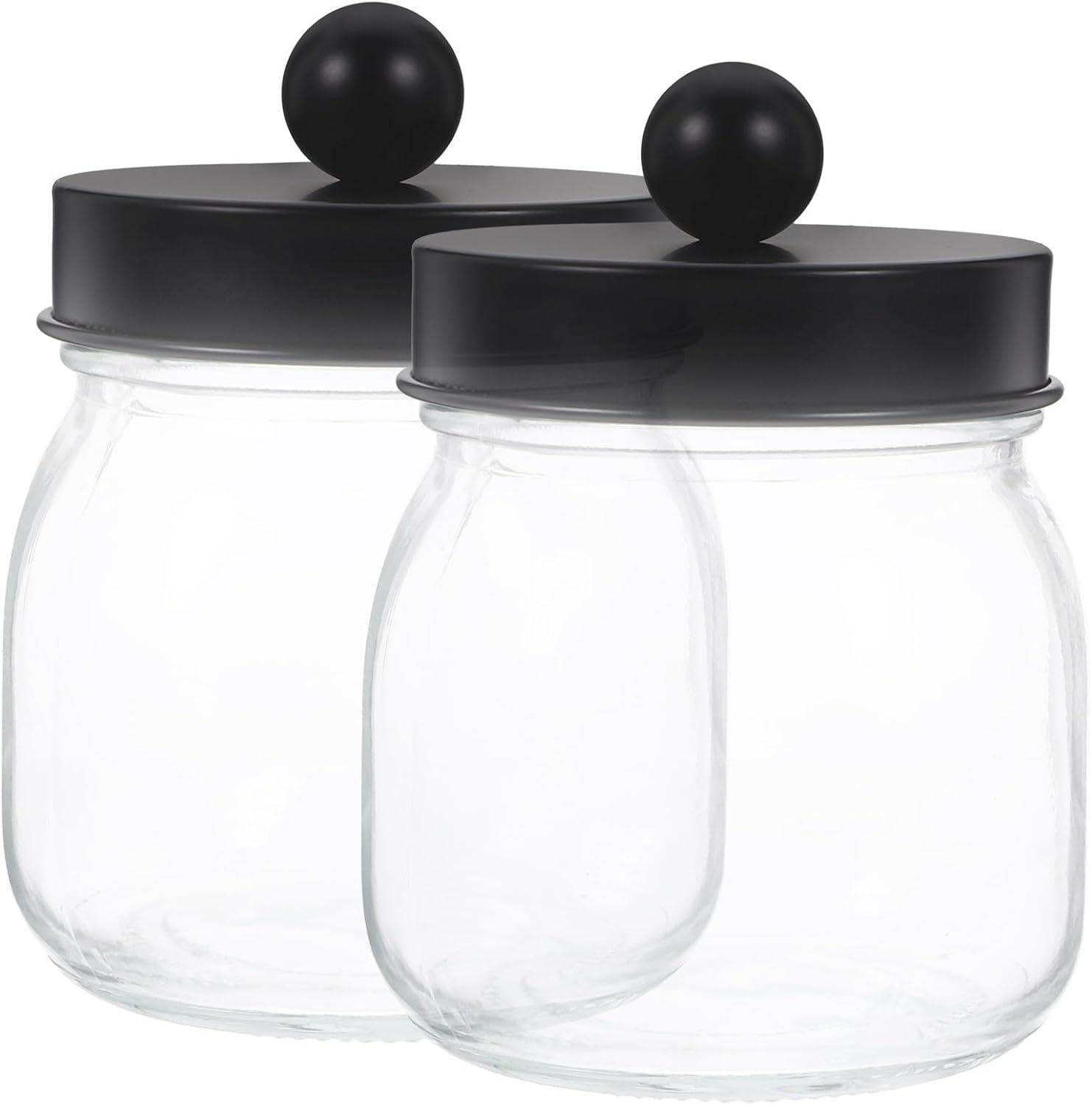 WOONEKY 2pcs Glass Storage Jars with Black Lids, Bathroom Cotton Ball and Swab Dispenser Canisters, Vintage French Style Glass Bathroom Organizer for Vanity and Desktop Storage