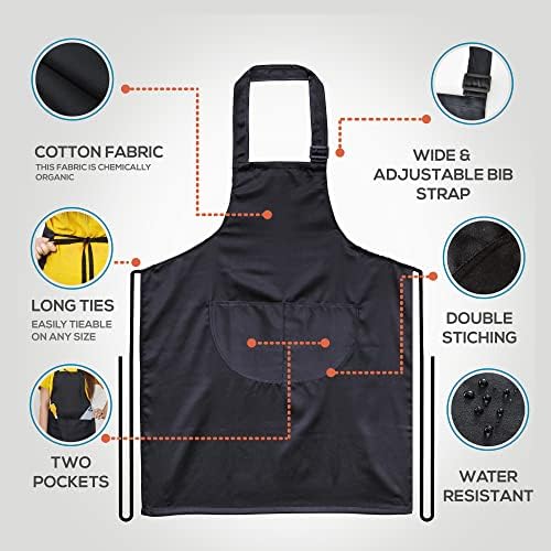 Enduring Unisex Adjustable Bib Aprons for Women with Pockets, 100% Cotton Fabric Black Apron, Cooking Aprons for Men, Durable Stitching, Large Coverage and Long Ties.