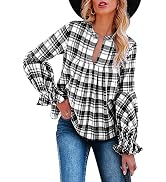 FANCYINN Women's Casual Flannel Plaid Pleated Front Tunic Tops Split Neck Long Lantern Sleeves Lo...