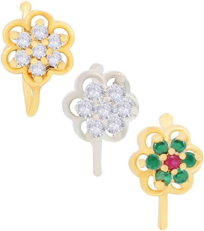 VAMAFashions Gold Nose Ring Stud Non Piercing Pressing Clip On Nose Pin without piercing for Girls & Women (3pcs nose ring combo set)