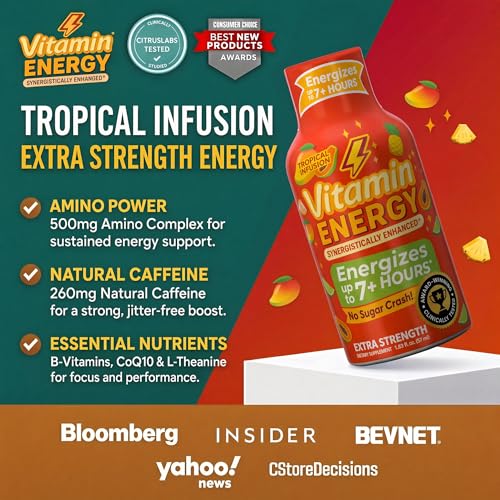 Image of Vitamin Energy Tropical Infusion Extra Strength Energy Shot, 8 Pack - Up to 7 Hrs, 260mg Natural Caffeine, Zero Sugar - BCAAs + CoQ10, Focus Support, B12 B6 Niacin, 1.93 fl oz, Keto Vegan