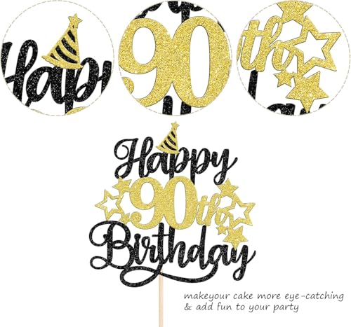 Image of Confetti! Glittering 90th Birthday Cake Topper with Star Hat - Cheers to 90 Years! Fabulous Cake Decorations for Elders 90th Birthday & Anniversary Party Supply