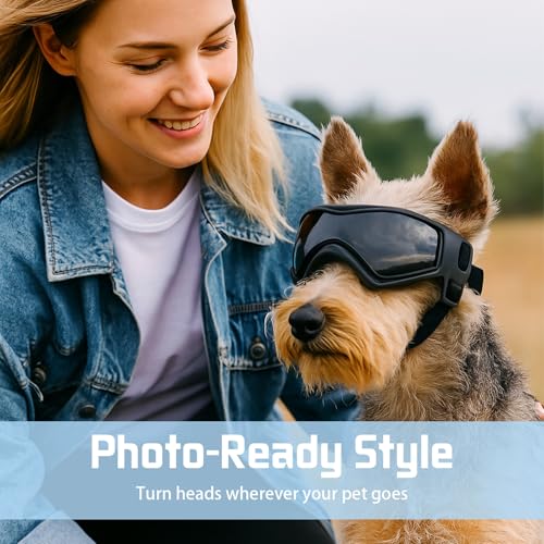 Fohuanky Hundebrille für kleine und mittelgroße Rassen, verstellbare Haustier-Sonnenbrille mit UV-Schutz, Hundebrille für Reisen, Wandern, Outdoor-Spaß (Schwarz, S)