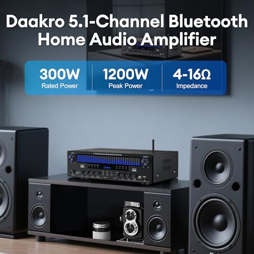 Image of Daakro Stereo Receivers Home Audio Amplifier w /DSP Display,300W Rated Power 5.1 Channel Bluetooth Receiver,Home Amp w /BT /CD /DVD /AUX /USB /BT /FM /Opt /COA /MIC for Home /Studio /Theater Passive Speaker