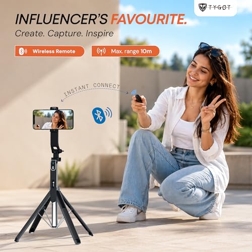 Image of Tygot T-180 Selfie Stick 67 inch (170 cm) for Mobile with Tripod Stand, Detachable Bluetooth Remote, 360 Rotating Head, Adjustable Phone Holder, Extendable Selfie Stick for Photography & Vlogging