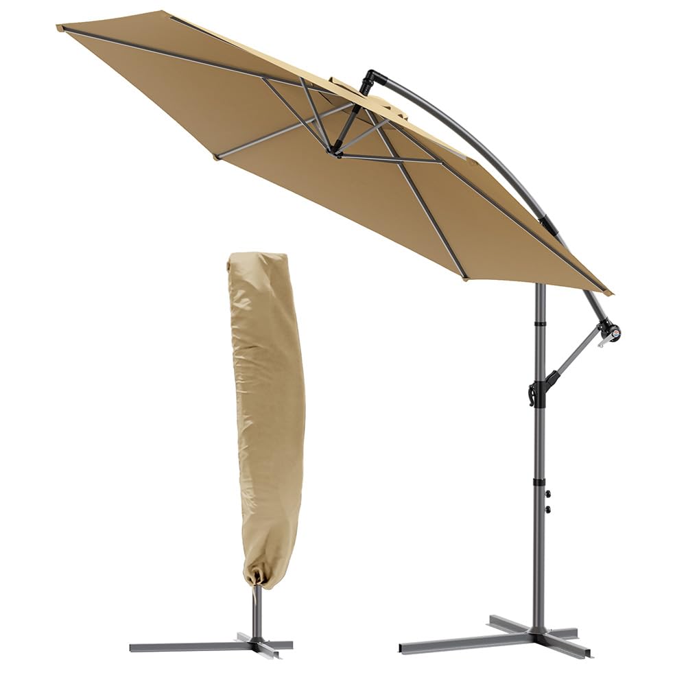 VOUNOT® 300 cm Parasol Excentrico, Sombrilla de Jardín con Manivela y Funda Protectora, Protección UV, Caqui