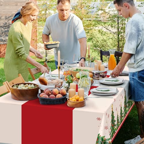 Image of Childom 2 Pack Christmas Tablecloths,Christmas Party Decoration,54 x 108 Inch,Disposable Plastic Table Cloths Rectangular for Party Supplies,Xmas Tree Table Cover for Home,Dinner,Indoor,Outdoor,Picnic
