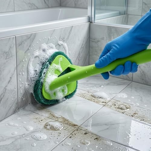 Image of CLEANFIELD Long Handle Tile Scrubber Brush with Sponge - Durable Wall Multipurpose Long Handle for Sink, Tiles & Utensils Bathroom Tile Cleaning Brush with Scrubber (2)