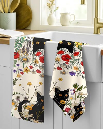 Image of Miss Adola 150GSM Flour Sack Kitchen Towels Set of 2, Cat in Grass