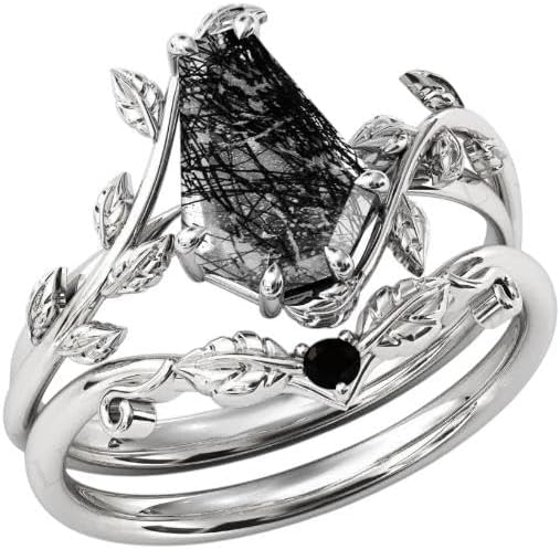 Coffin Shape Black Rutilated Quartz Natural Gemstone Ring, Unique 2pcs Bridal 925 Sterling Silver Ring For Her