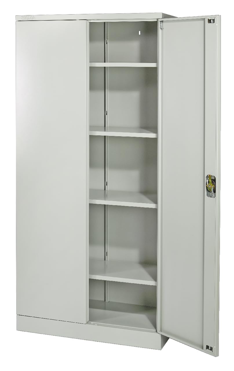 Sigma Armadietto per Documenti in Metallo, 92x42x195 cm, 2 Ante Battenti, 4 Ripiani Regolabili (50 kg Ciascuno), Serratura a Chiave, Maniglia Rotante, Ideale per Ufficio, Garage ed Esterni, Grigio