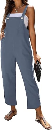 Womens Sleeveless Cotton Linen Overalls Rompers Baggy Wide Leg Jumpsuits